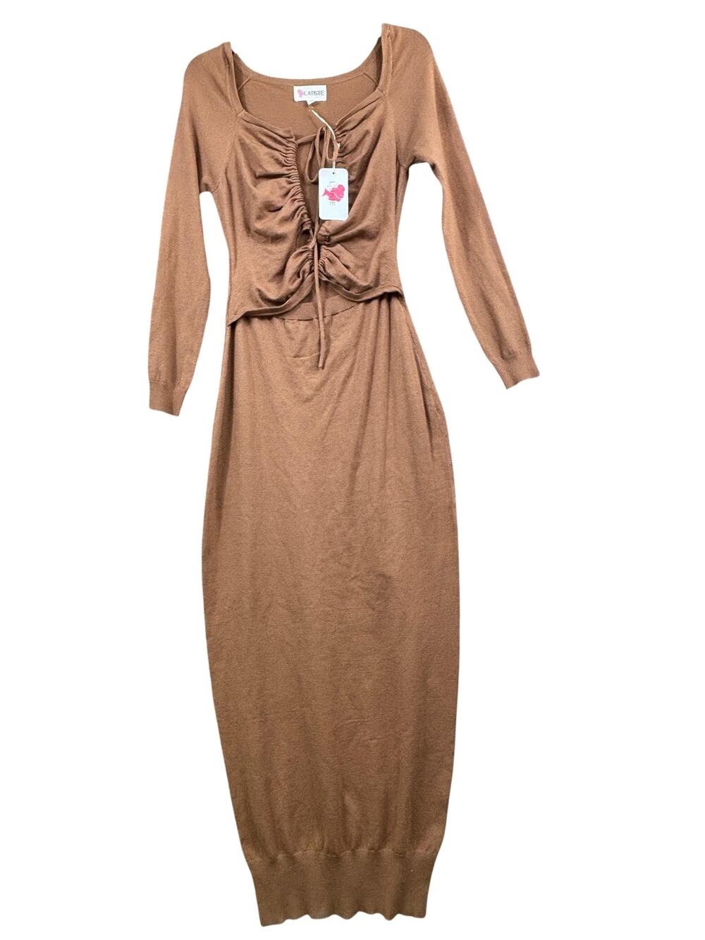 L'ATISTE Sweater Dress Womens L Brown Ruched Tie Front Knit Bodycon Maxi Ribbed